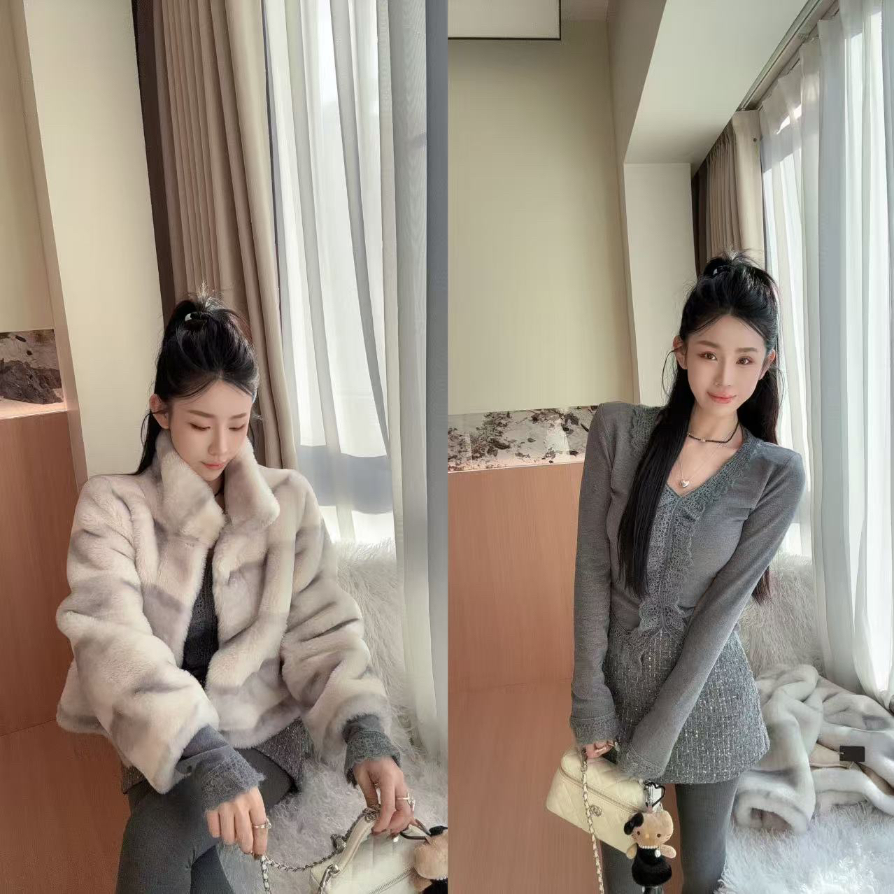 LIN-【柔灰花呢】仿水貂外套➕双面德绒勾花上衣➕灰亮片裙裤