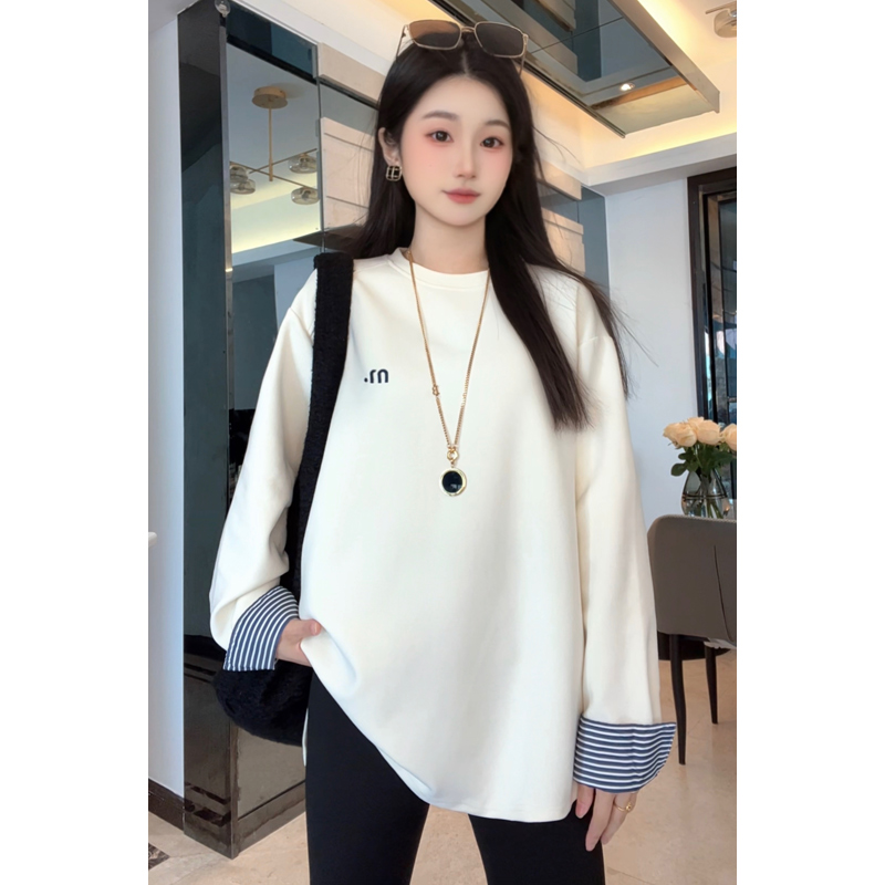 春秋款升级爆款320G重磅加厚宽松棉T拼接假两件刺绣早春百搭上衣