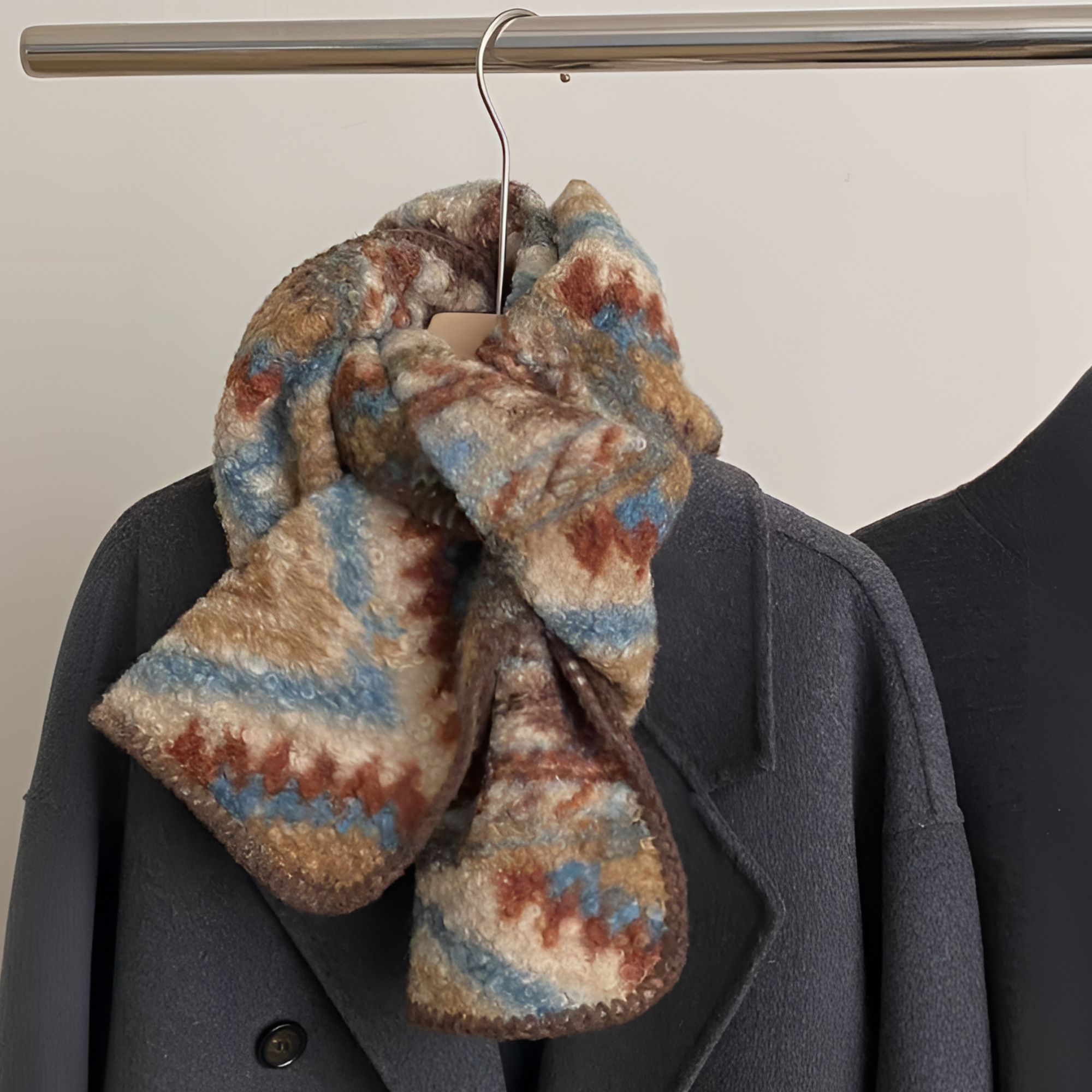 新款复古费尔岛风双面围巾女圈圈毛秋冬加厚油画配色高级感围脖