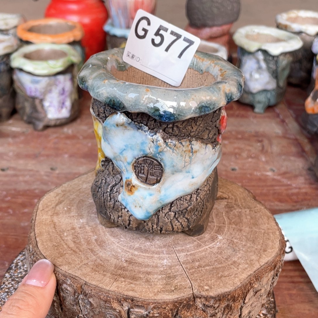 紫砂花盆孤品 不规则油画山石老桩内口5.5