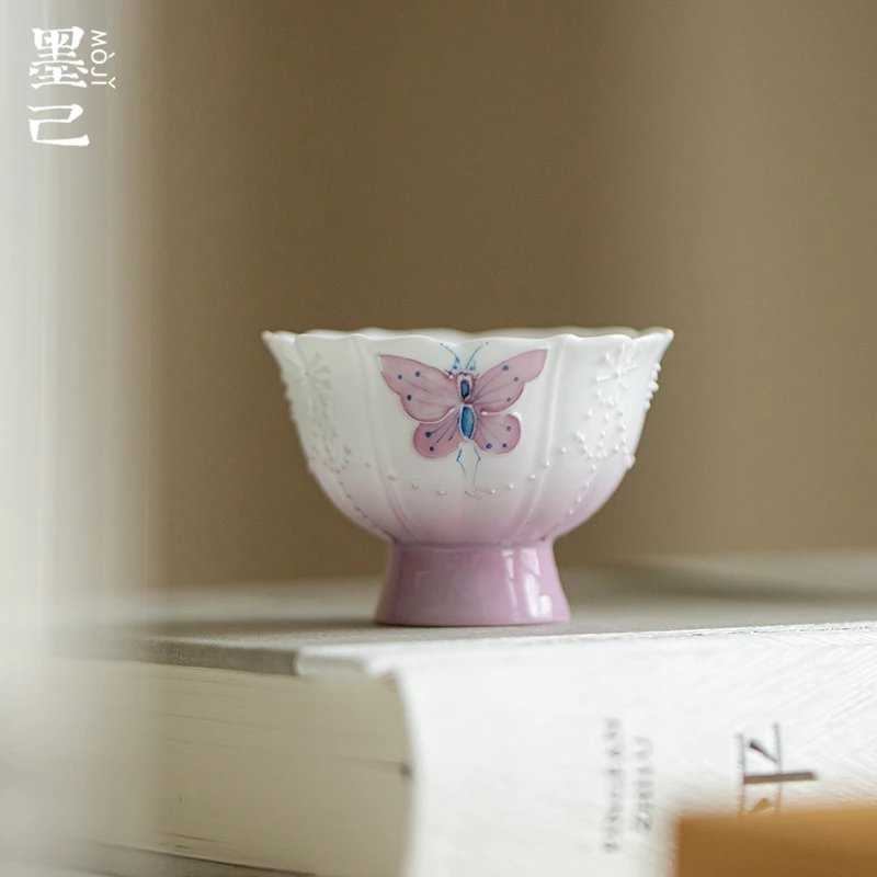墨己渐变紫手绘蝴蝶高足小茶杯功夫茶具陶瓷品茗杯女士家用喝茶杯