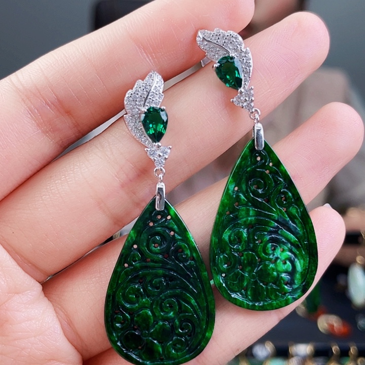 翡翠耳饰银S925镶嵌饰品