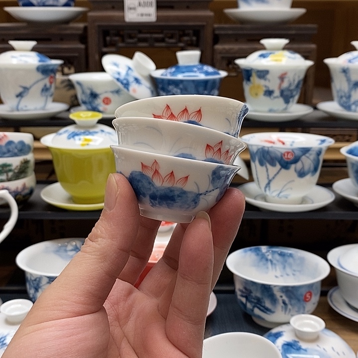 手绘微瑕荷花杯3个装