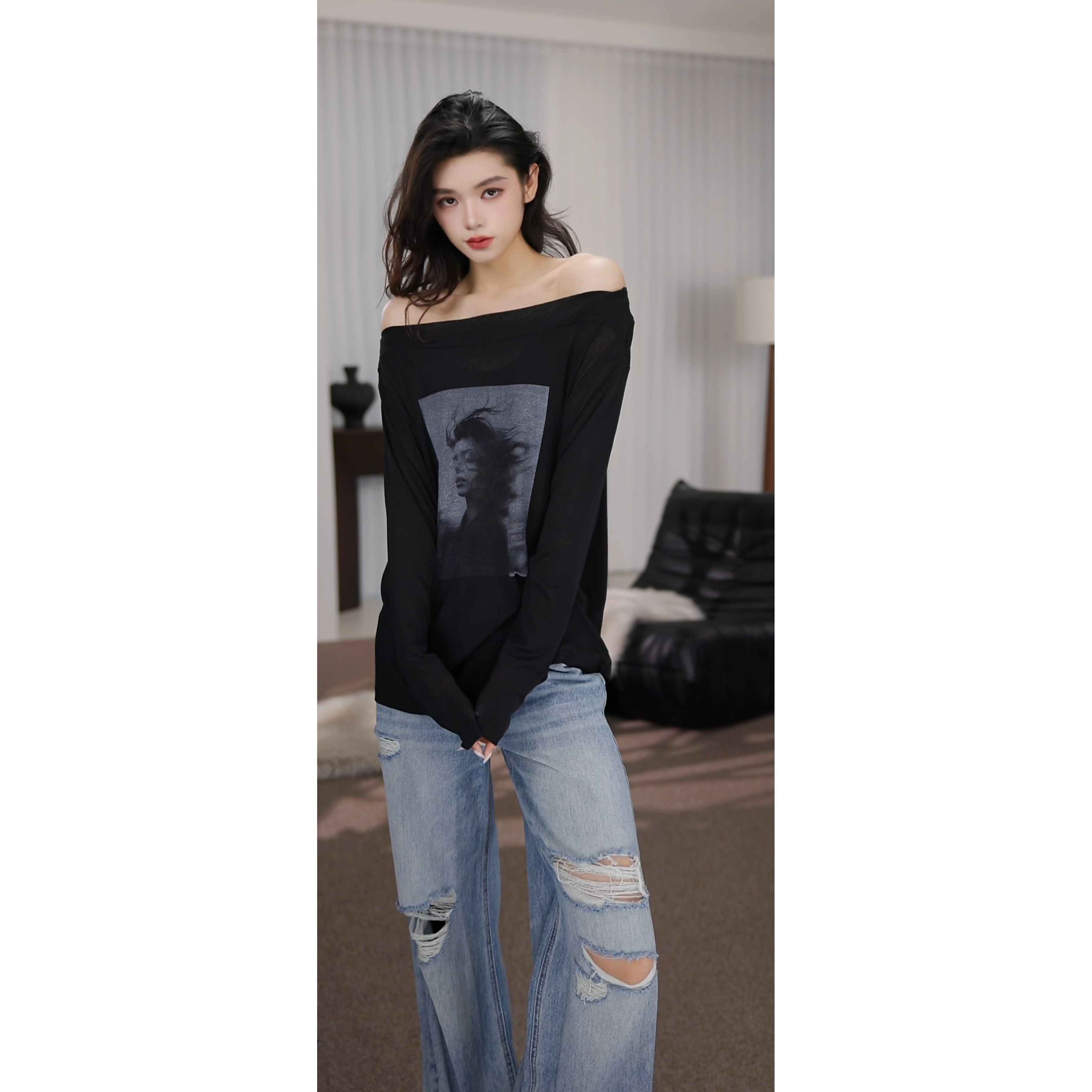 卢尚一字领美女T恤8685