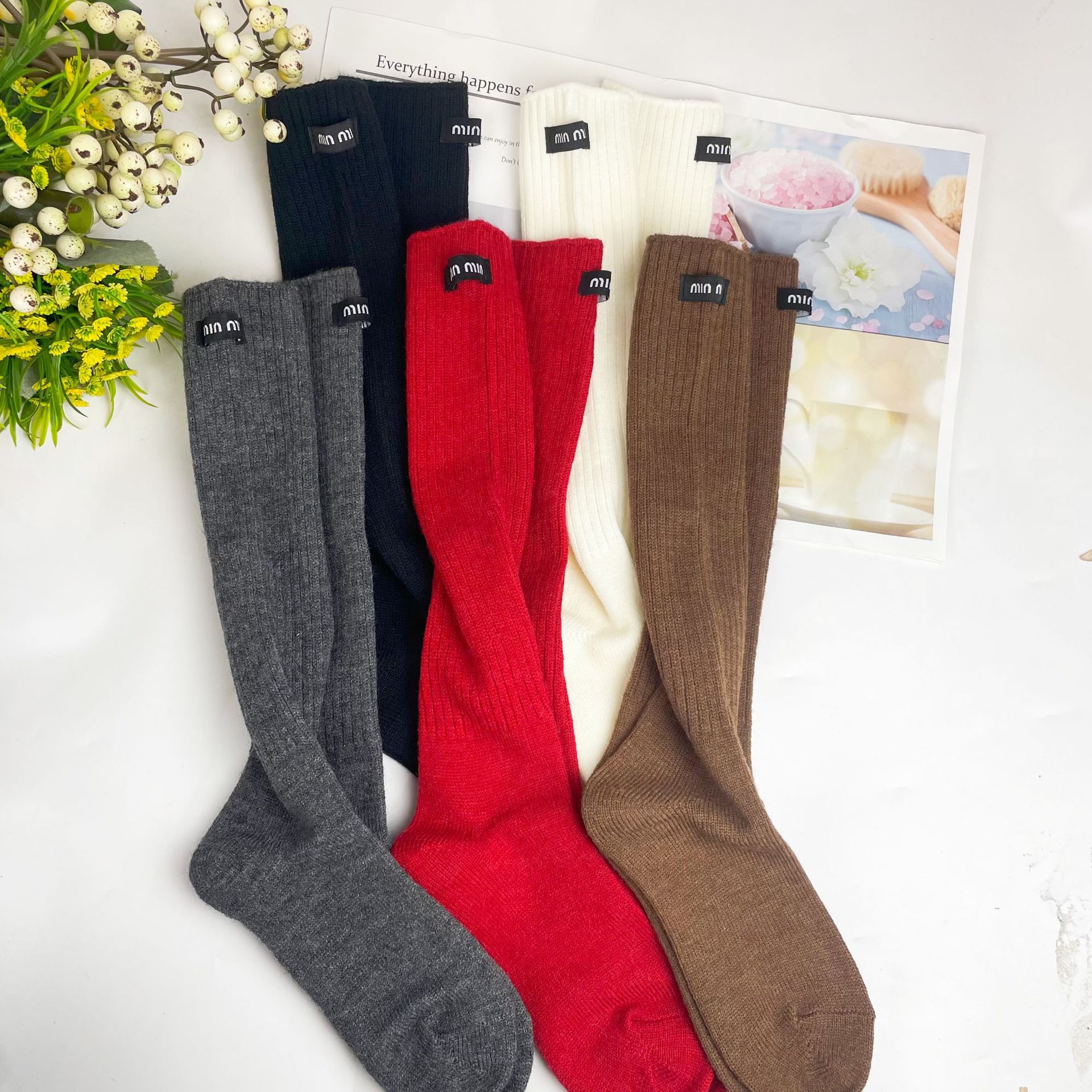 冬季新款保暖加厚粗针小腿布标袜纯色日系长筒高靴袜