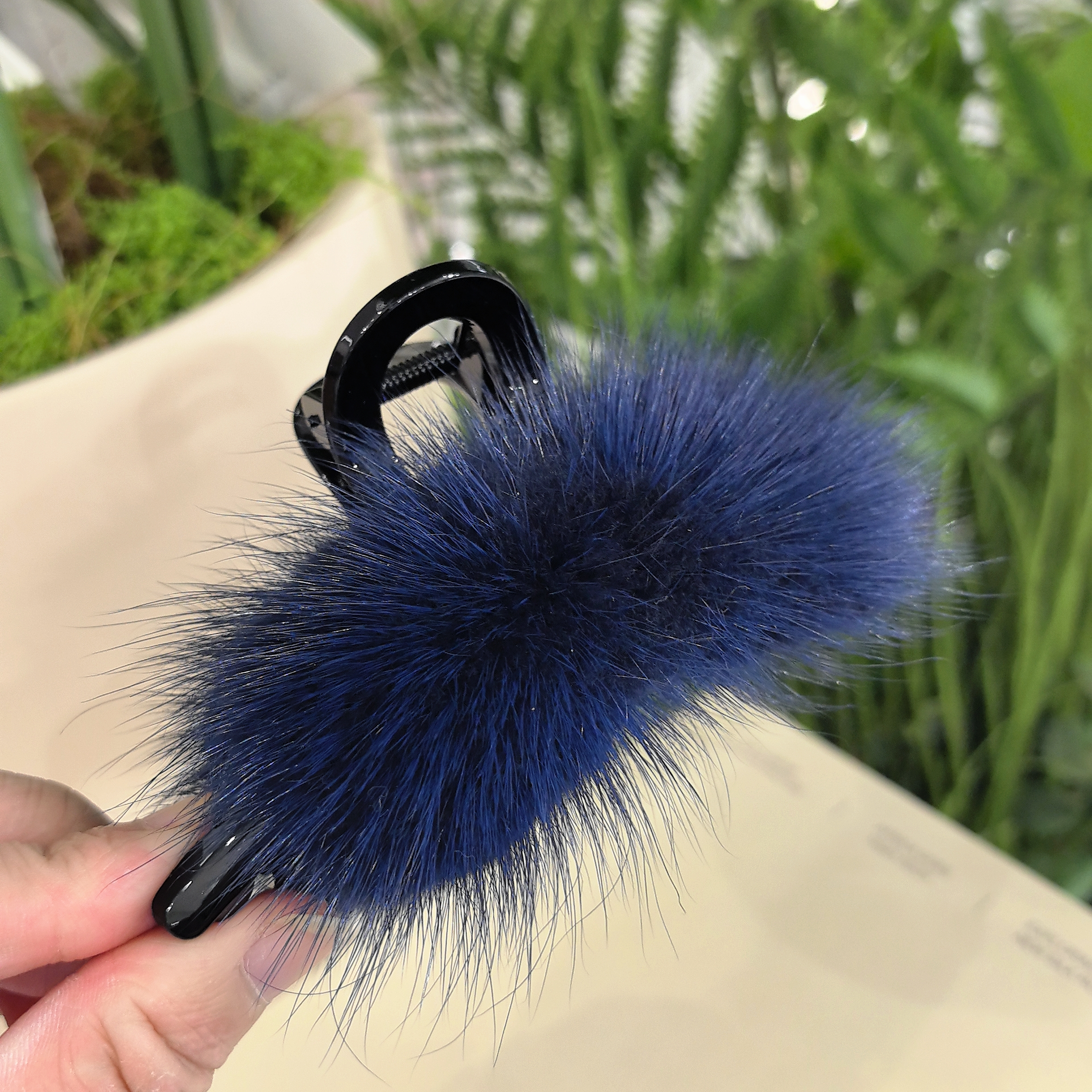 韩系新款精致深蓝色水貂毛时尚百搭十三公分抓夹5437