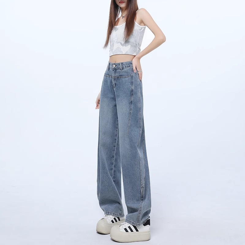复古窄版阔腿牛仔裤女春秋2025新款高腰垂感宽松香蕉弯刀裤子