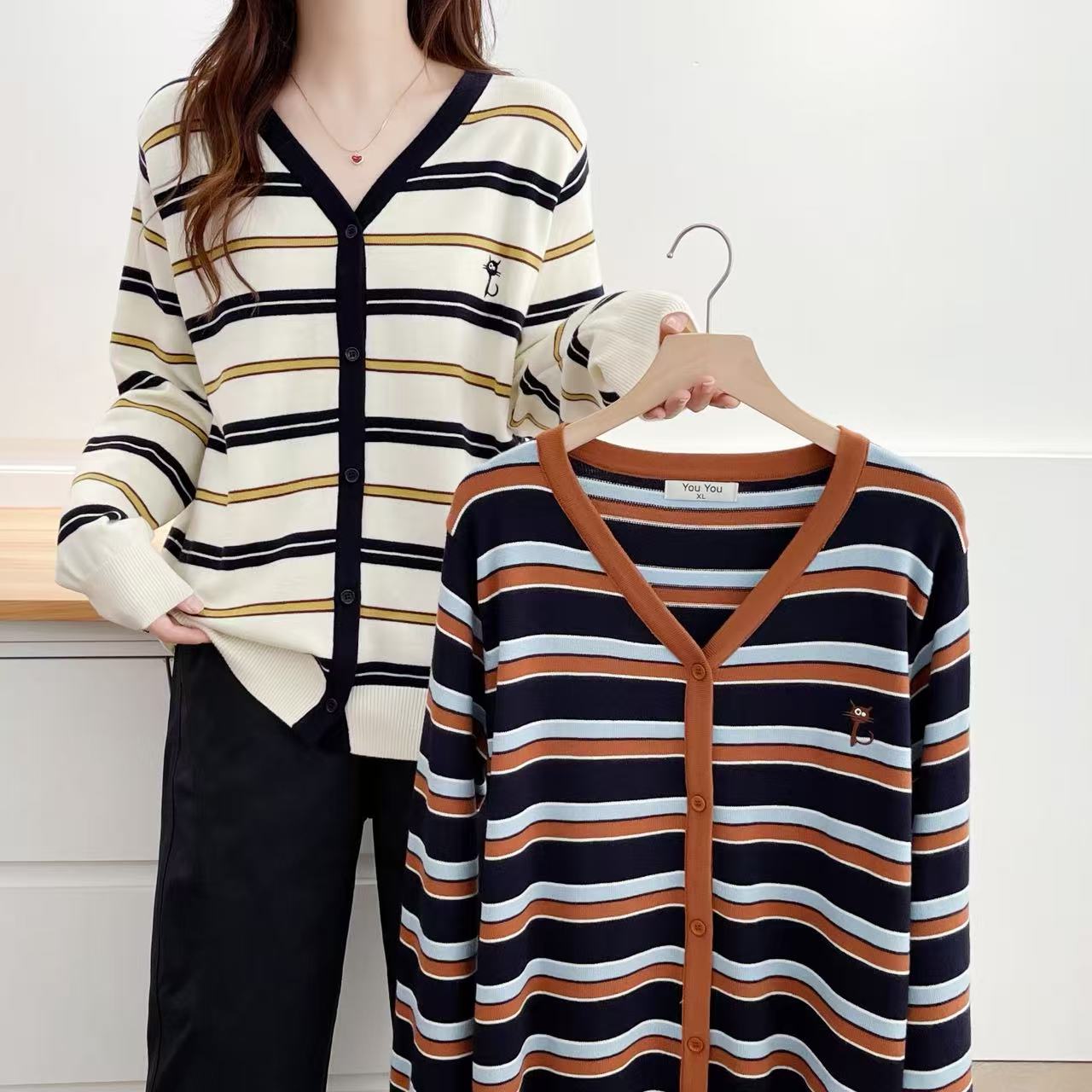 悦悦大码女装女条纹V领刺绣针织显瘦毛针织衫长袖针织衫毛衣气质