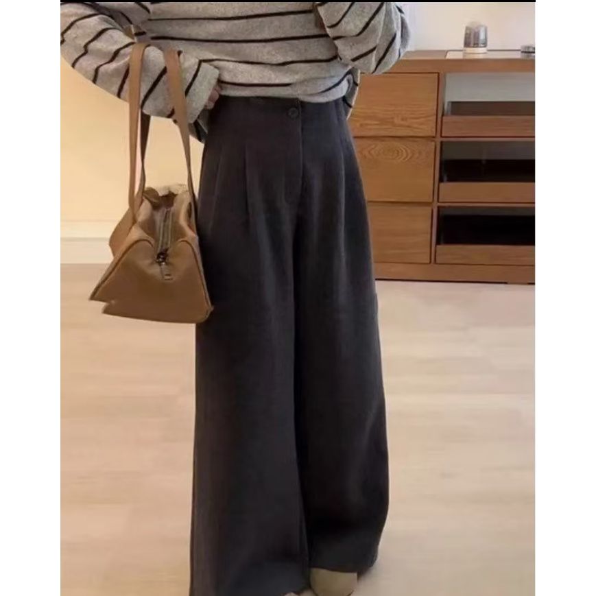 慵懒高级感灰色毛呢裤子女款高腰直筒阔腿裤3333#
