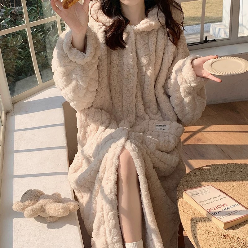 秋冬季情侣珊瑚绒睡袍套装男女加绒加厚连帽宽松休闲中长款睡衣