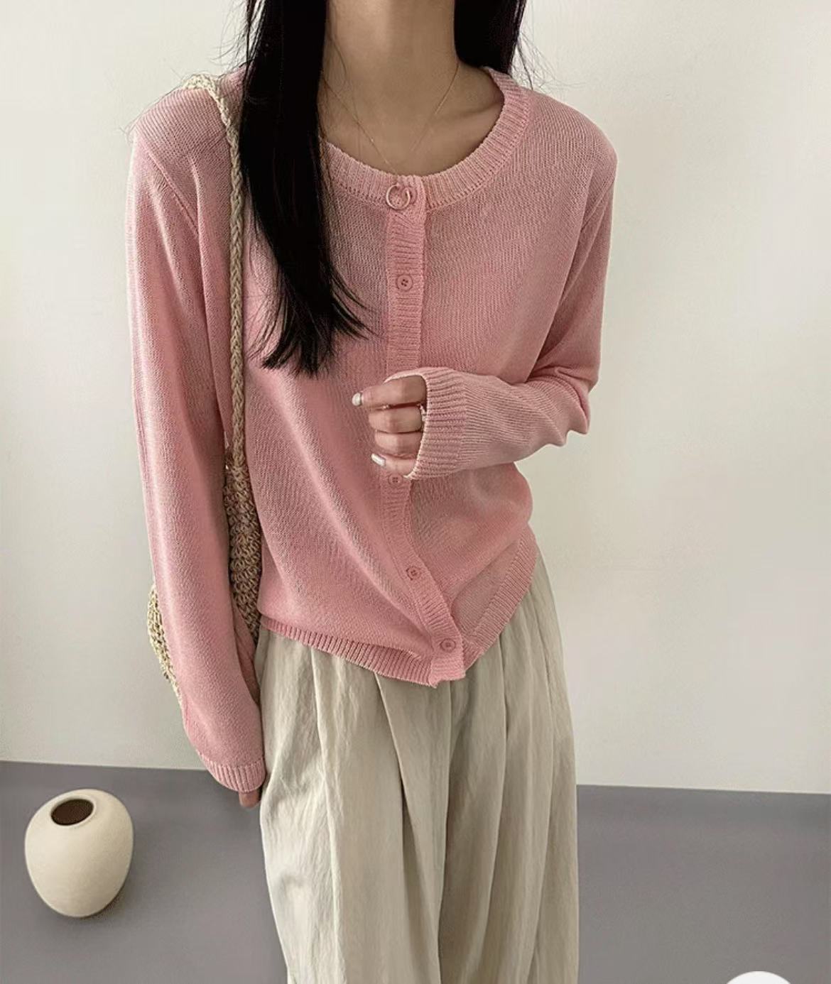 6200【樱花粉】韩版圆领纯色长袖针织开衫薄款毛衣外套 