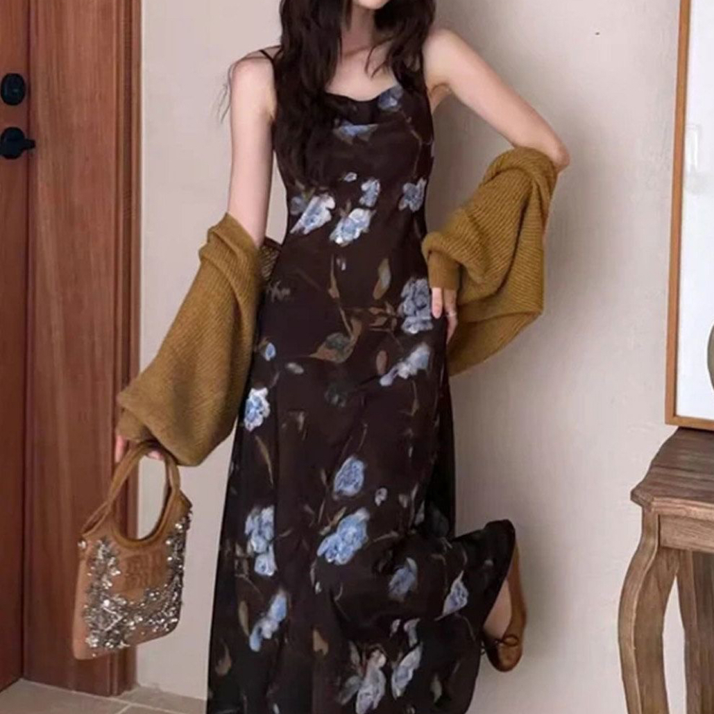 新款2025年时尚套装法式高级感印花吊带设计连衣裙防晒开衫两件套