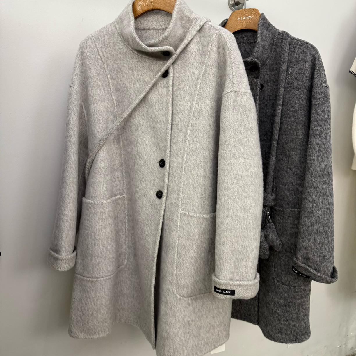 秋空中长款立领双面手工羊毛大衣女