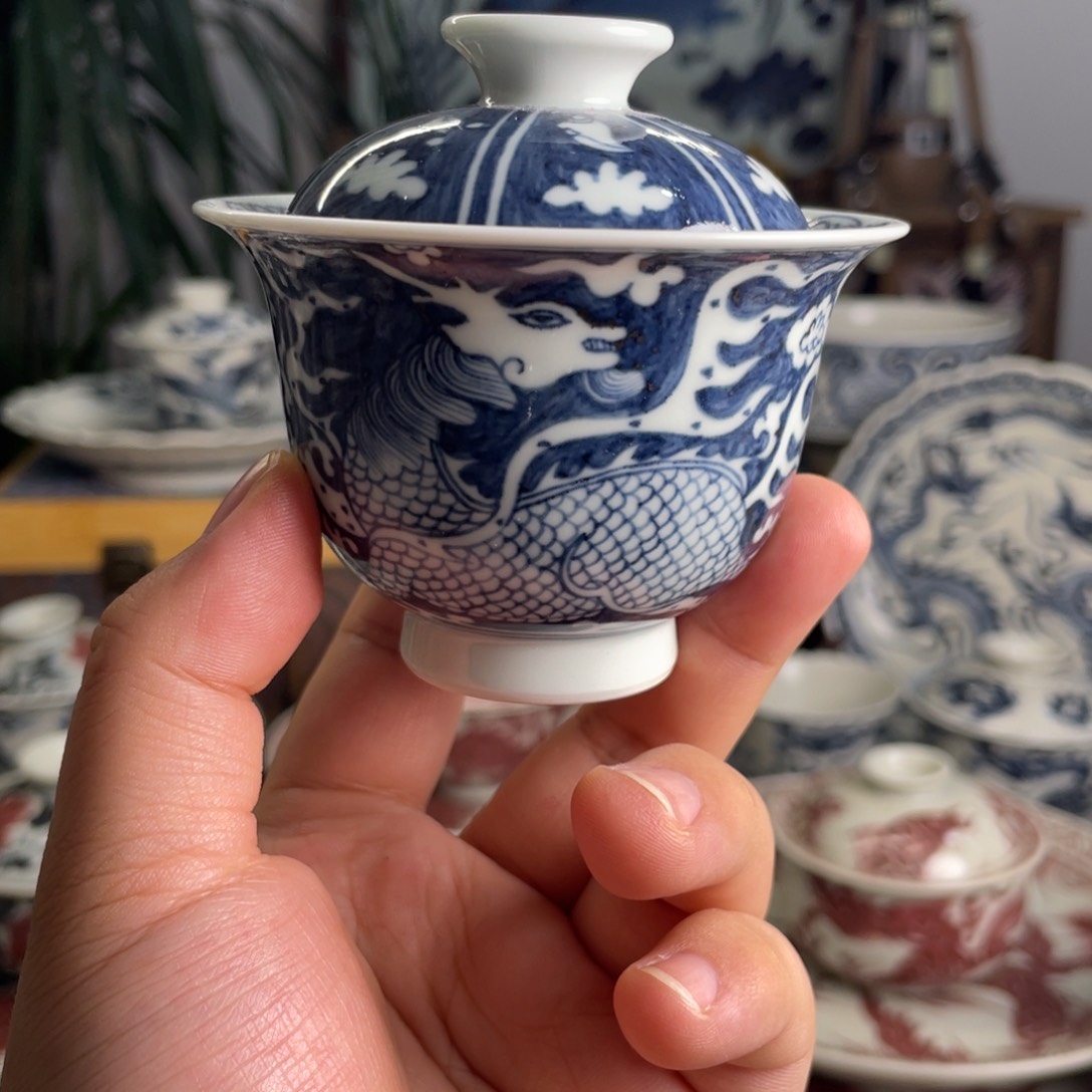 元青花麒麟追风岩茶盖碗