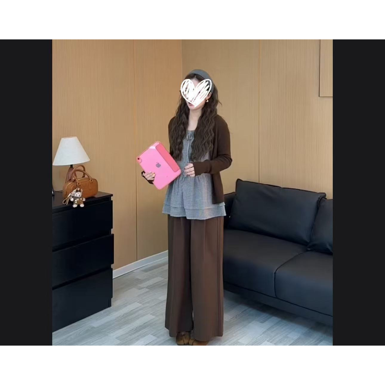 大码女装圆领宽松格子常规长袖显瘦衬衫阔腿裤套装