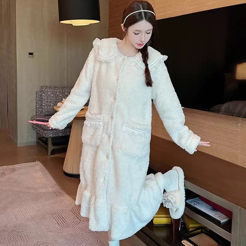 半边绒睡裙女士冬季加厚加绒睡衣娃娃领开衫裙宽松家居服女 