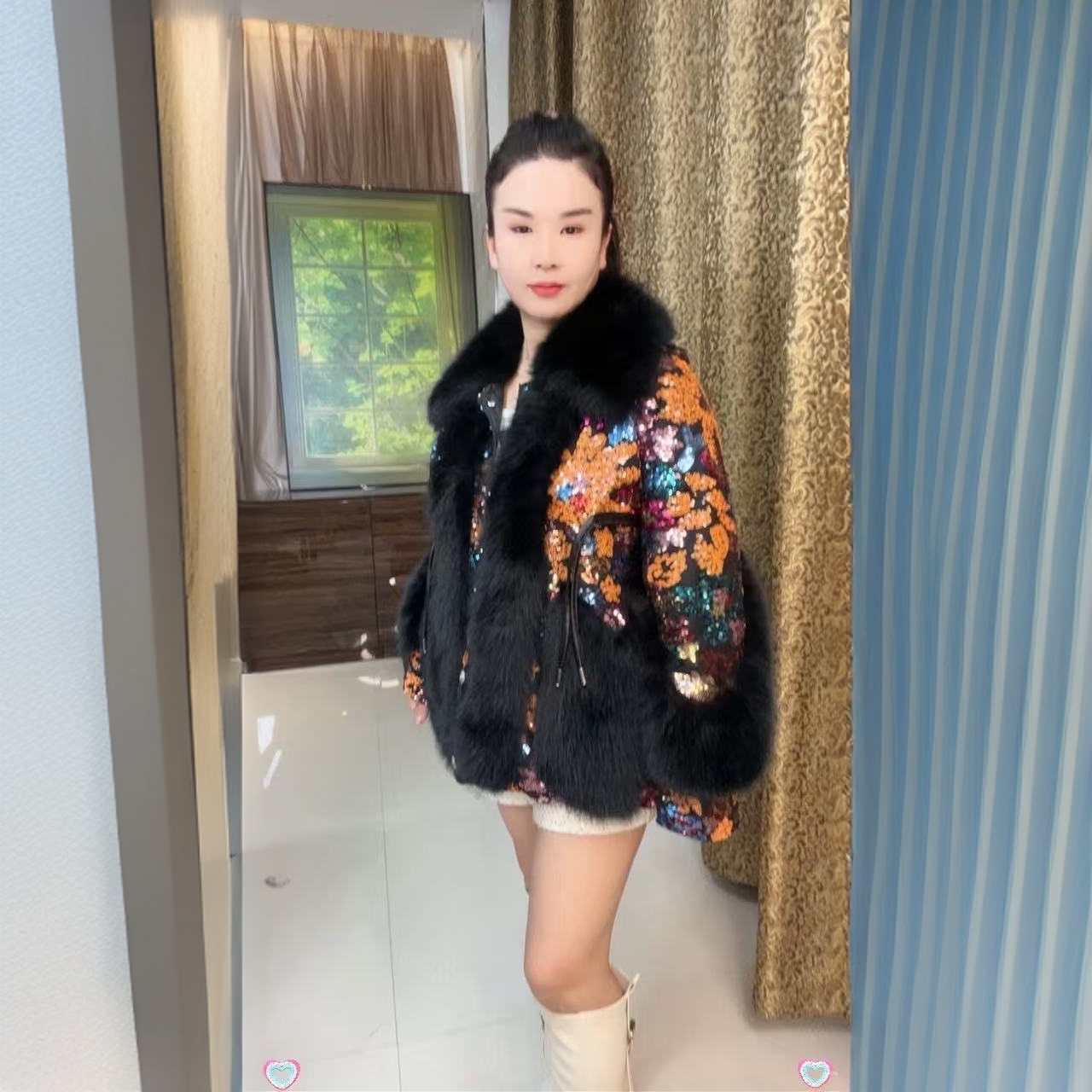 24606新款冬季多色拼接亮片女装保暖外套