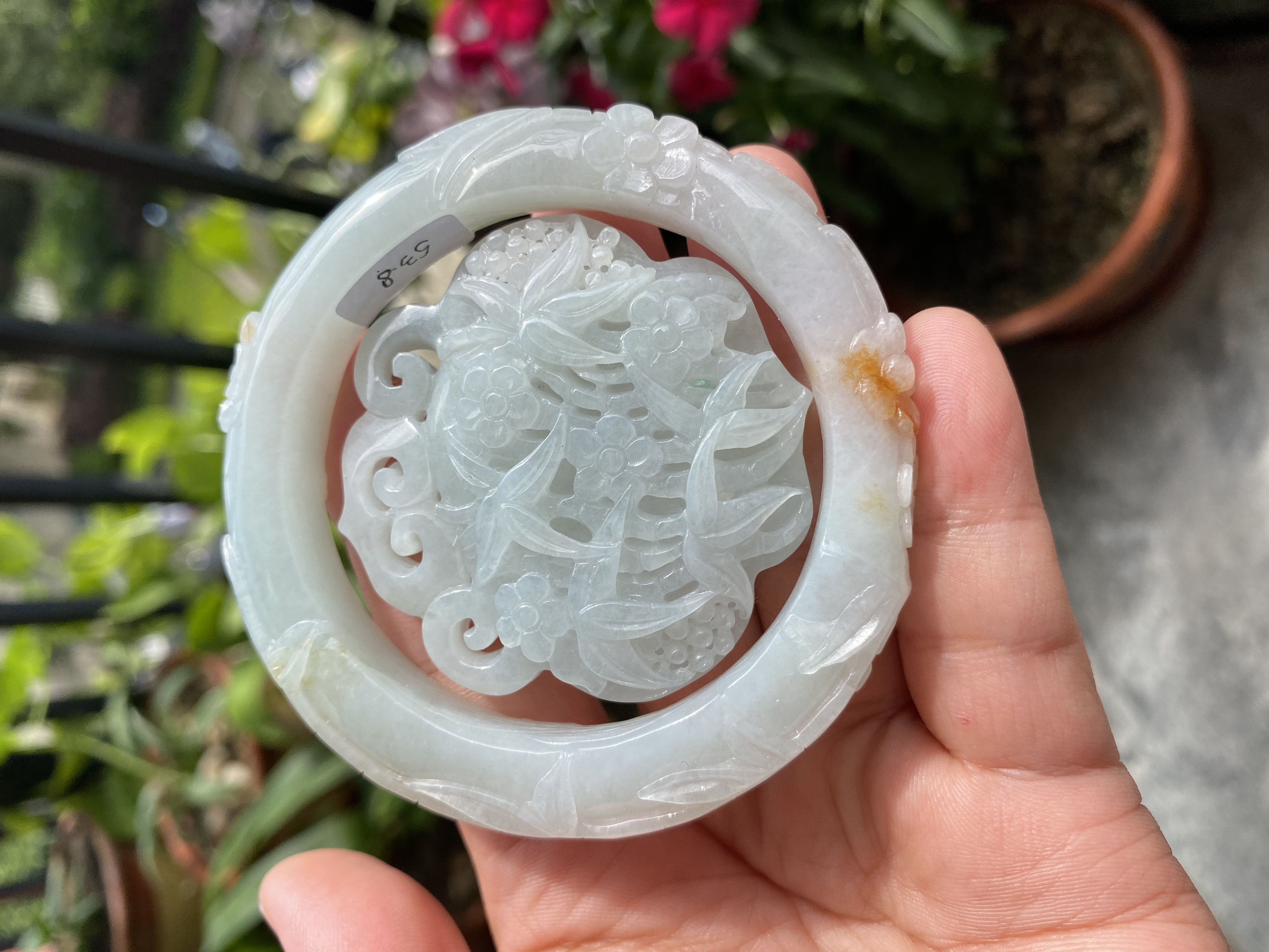 53.8圈冰胶底洒金竹节翡翠手镯套镯 缅甸天然A货翡翠雕花手镯