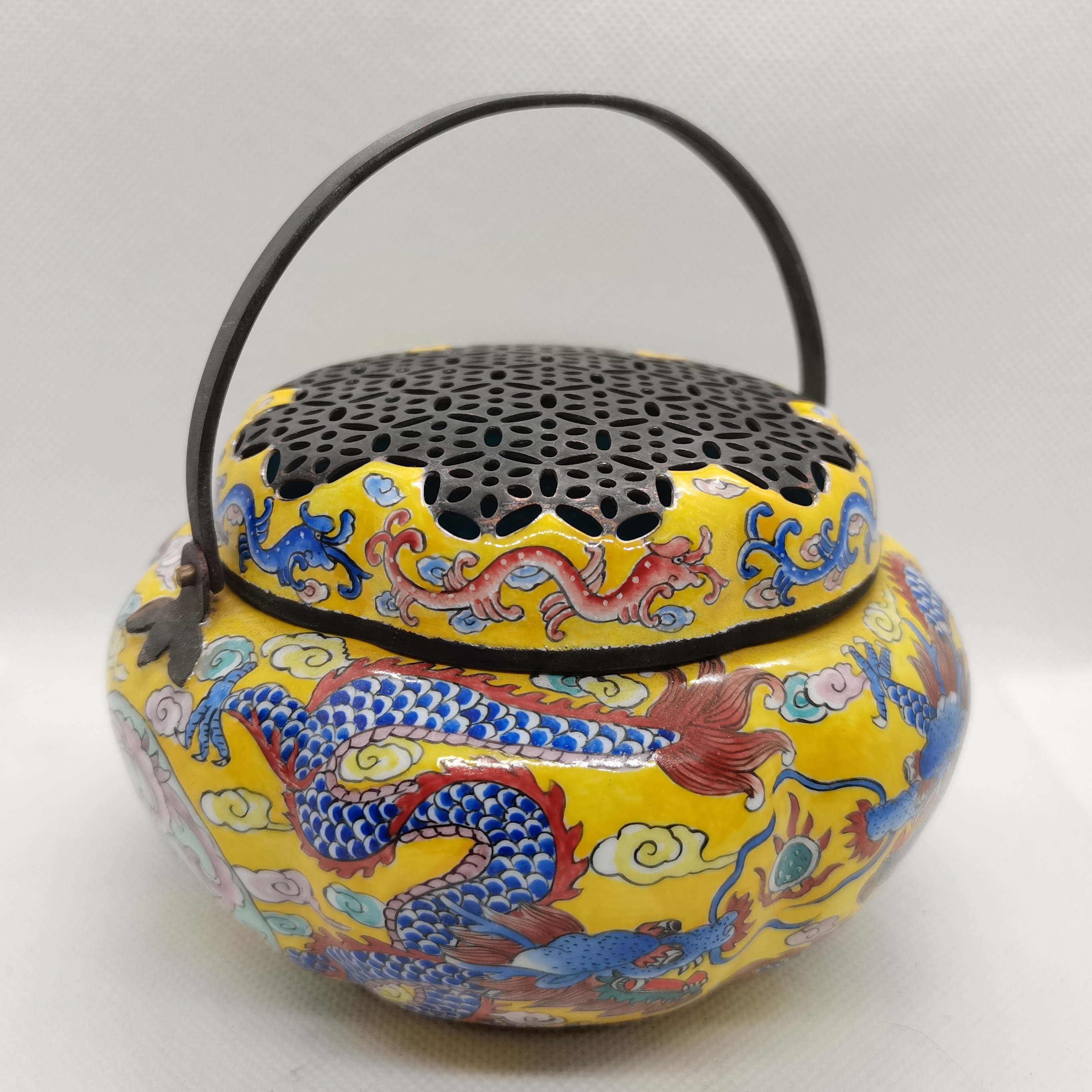 铜胎画珐琅大手炉香薰炉高11厘米左右二龙戏珠家居装饰工艺品摆件