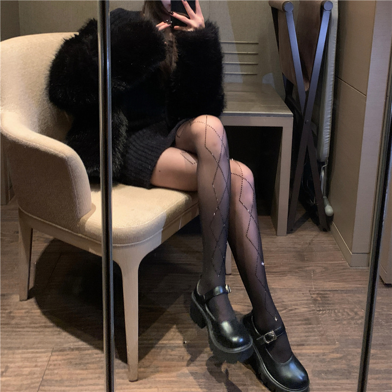 春秋性感网红闪亮带钻丝袜女菱形格子连裤袜子ins潮天鹅绒任意剪