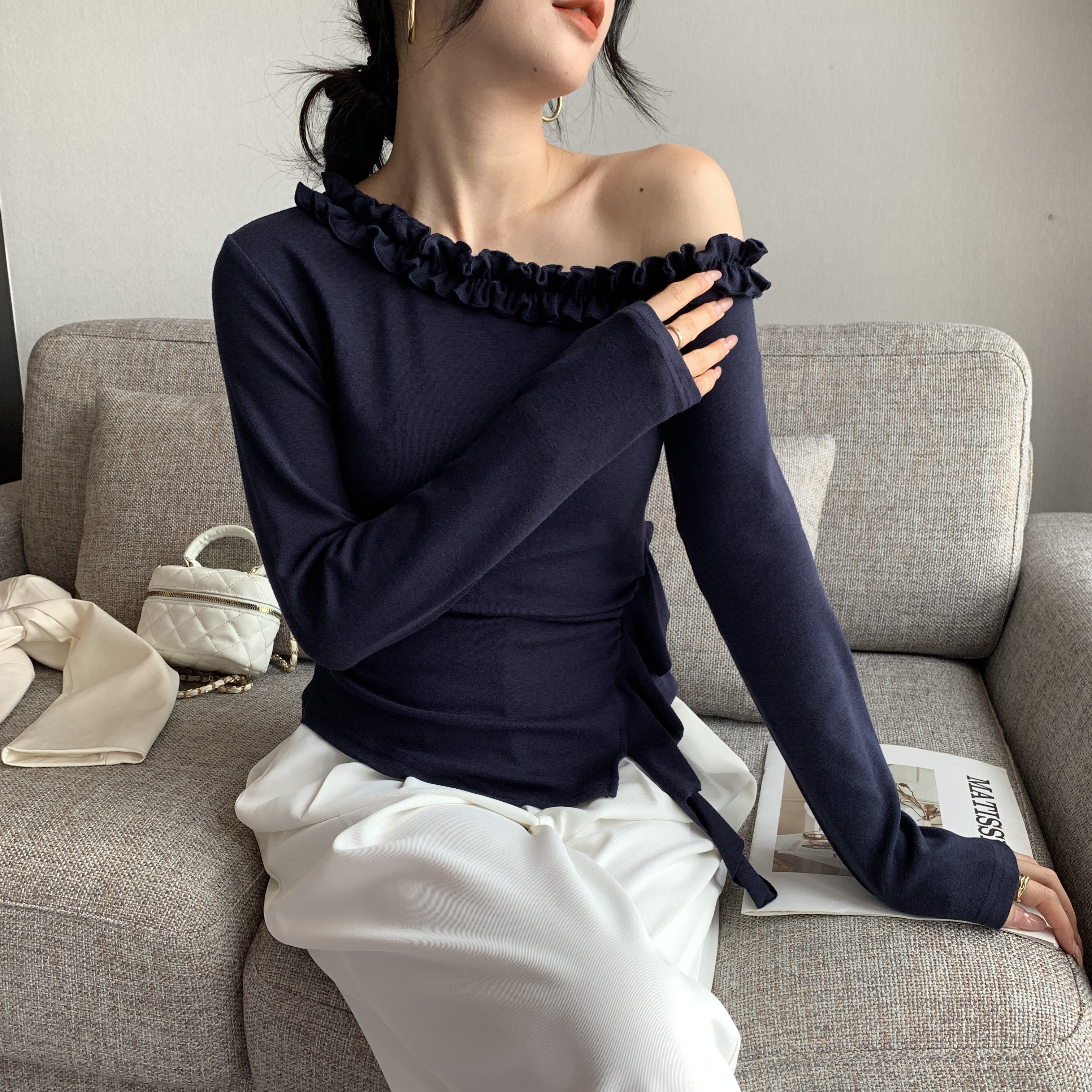常规款辣妹风木耳边长袖网红设计师渐变显瘦修身T恤