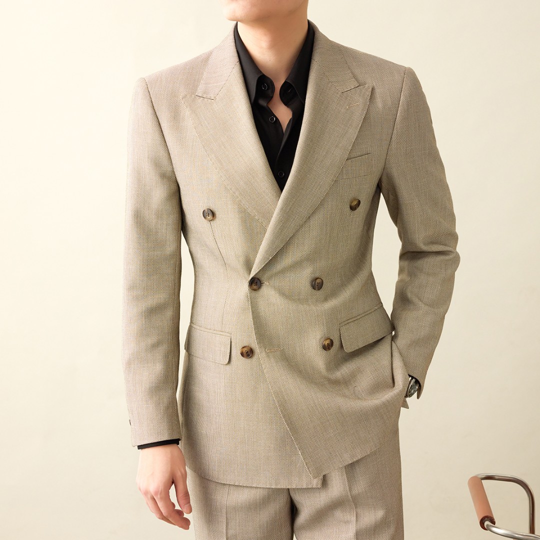 谷巢330修身纯色意式那不勒斯双排扣西装驳领西服