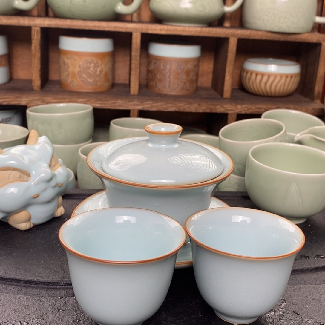 【闪购商品】天青马蹄盖碗微微瑕➕一对玉兰杯微微瑕