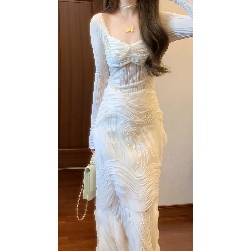 法式气质名媛长袖针织连衣裙秋冬高端精致年会礼服裙修身包臀长裙