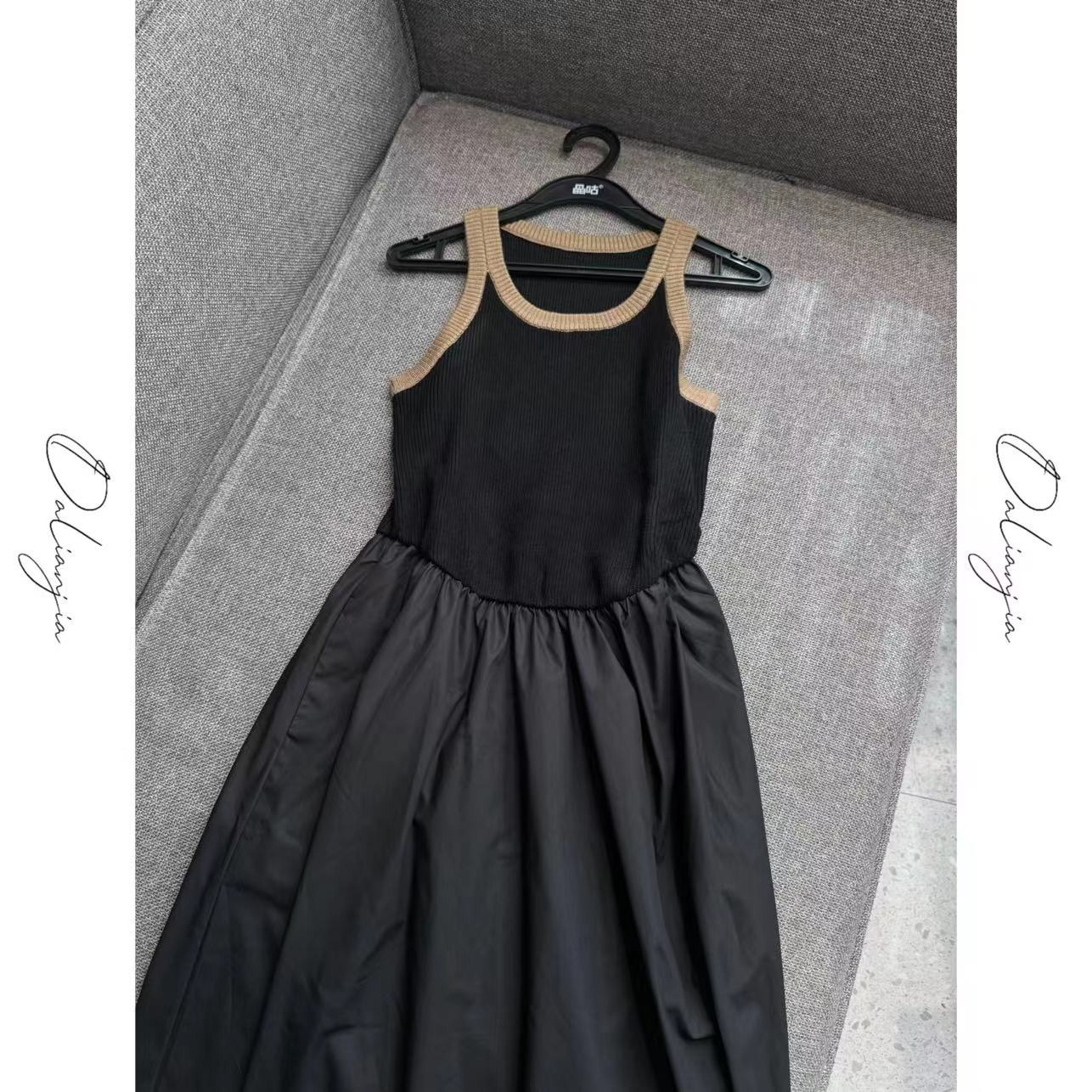 晶咕简约撞色针织拼接无袖背心连衣裙百搭复古法式气质韩版