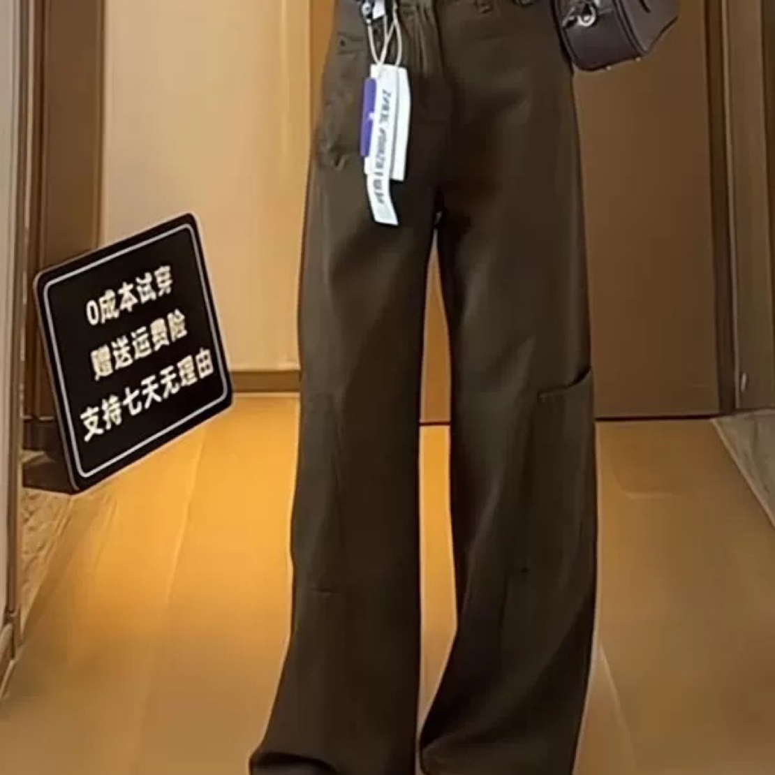 美式美拉德棕咖色高腰阔腿牛仔裤女秋新款宽松显