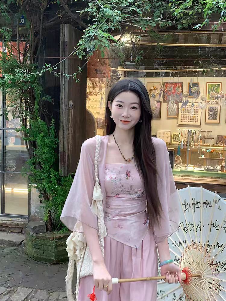 大码女装新中式禅意套装女夏季开衫吊带阔腿裤三件套