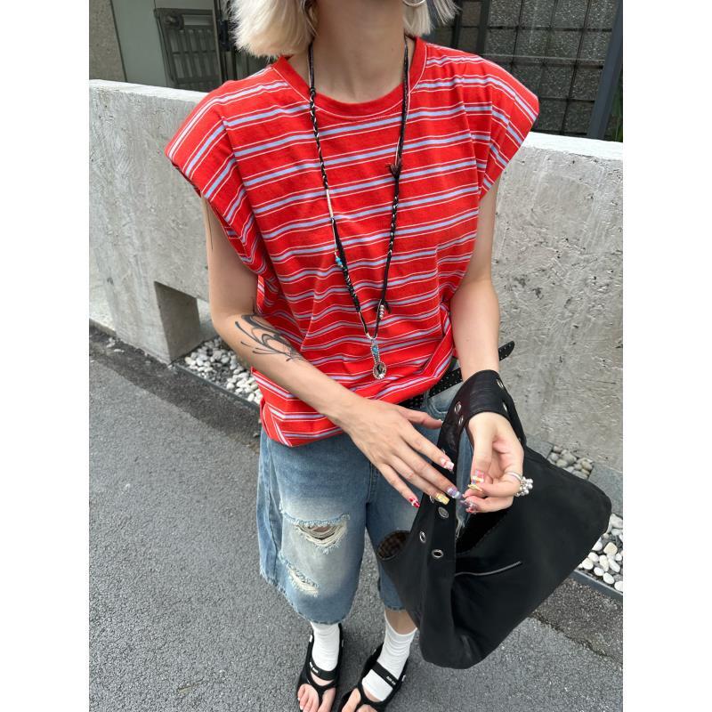 HELLOTANGO《盛夏八音盒》夏季撞色减龄复古条纹坎肩垫肩T恤85626#