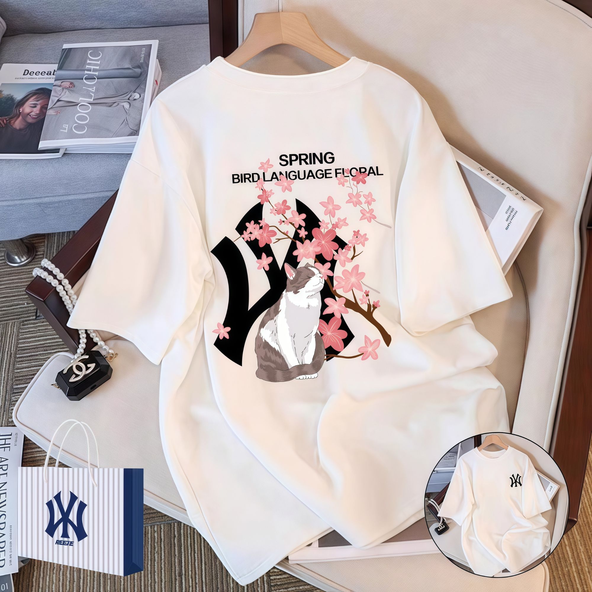 【万达专属】夏季短袖植物花卉印花T恤半袖圆领设计感ins洋气纯棉