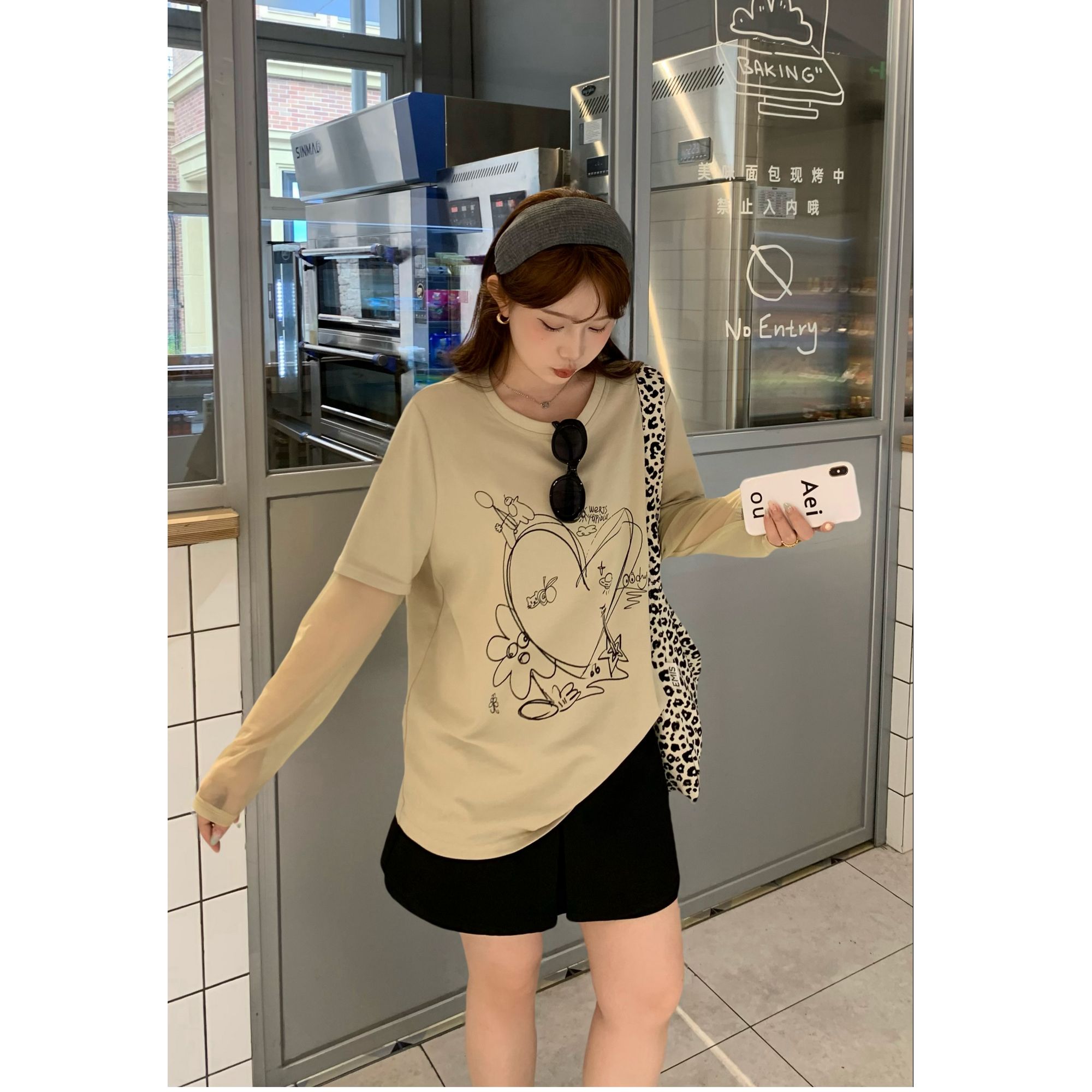 现货大婉酱微胖定制100棉假两件女T恤春夏休闲百搭印花上衣 6805D