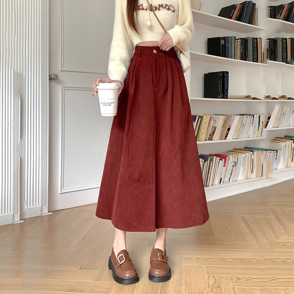 气质原宿风春秋新款法式复古百搭高腰A字中长款伞裙显瘦半身裙