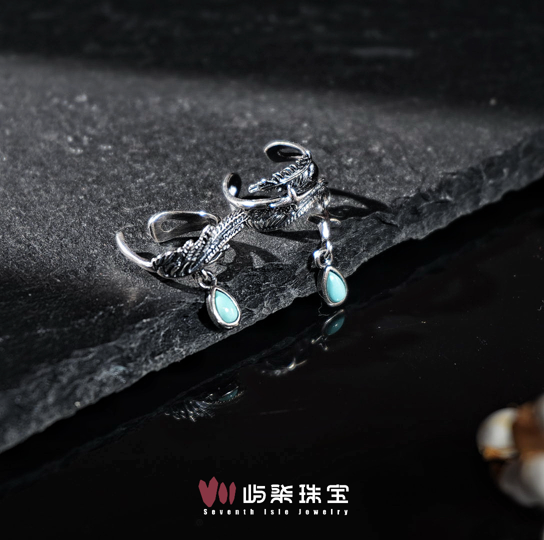 E333 绿松银925镶嵌 水滴型绿松蛋面黑银枝ab耳饰多样性发一
