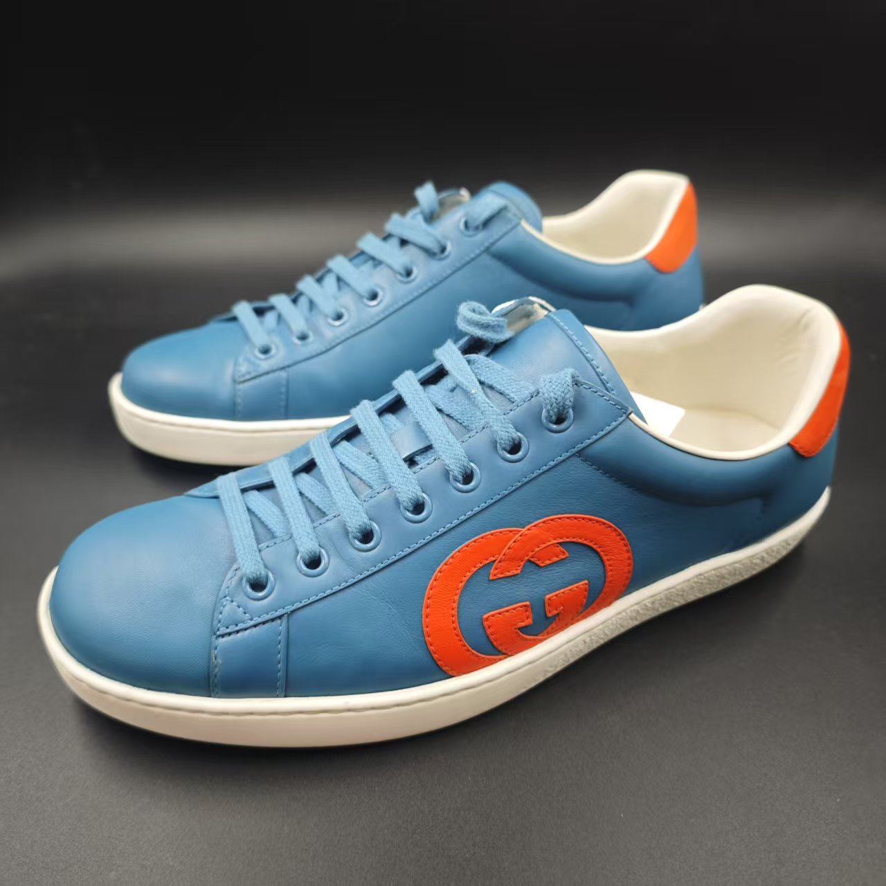 95新 GUCCI/古驰 男士湖蓝时尚休闲经典logo低帮板鞋42码 cat739