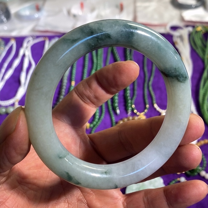 翡翠未镶嵌手镯天然缅甸翡翠A货圆条青花手镯