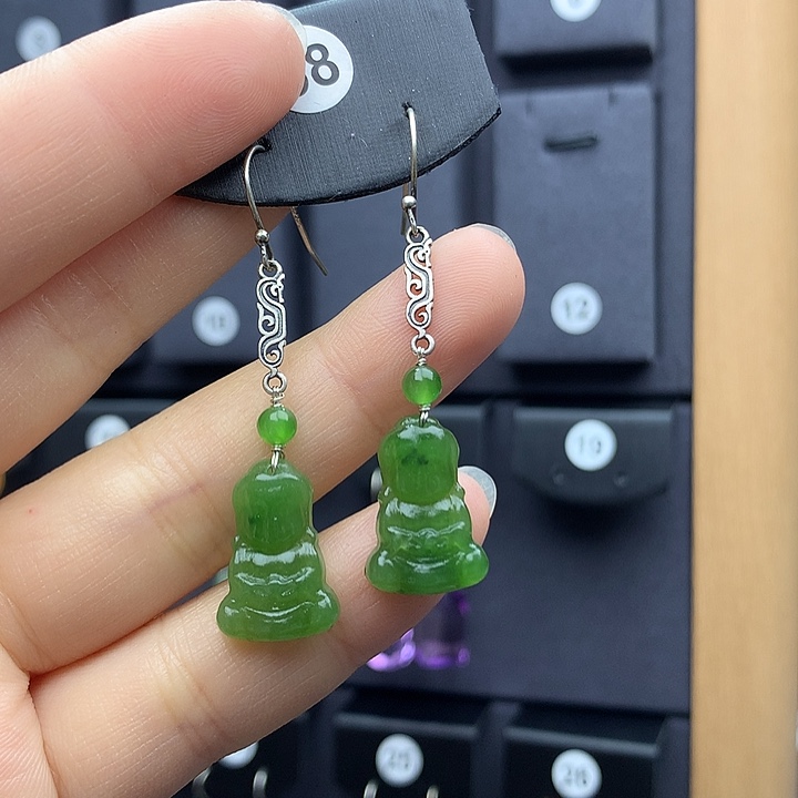 和田玉耳饰银S925镶嵌