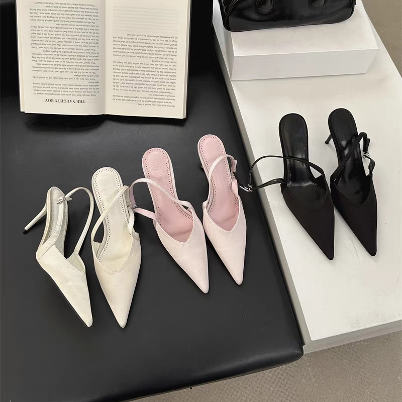 2025春夏季新款气质尖头半包头凉鞋女款细跟黑色仙女风高跟鞋单鞋