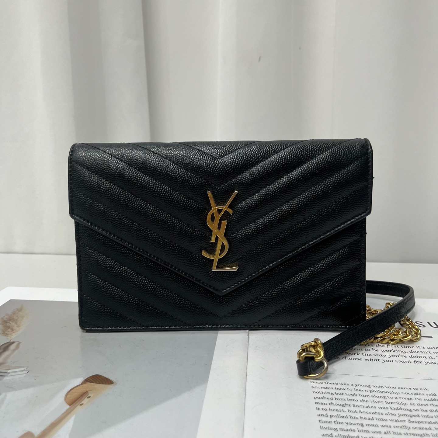 99新 YSL/圣罗兰 YSL圣罗兰信封黑色金扣 荔枝皮 19尺寸