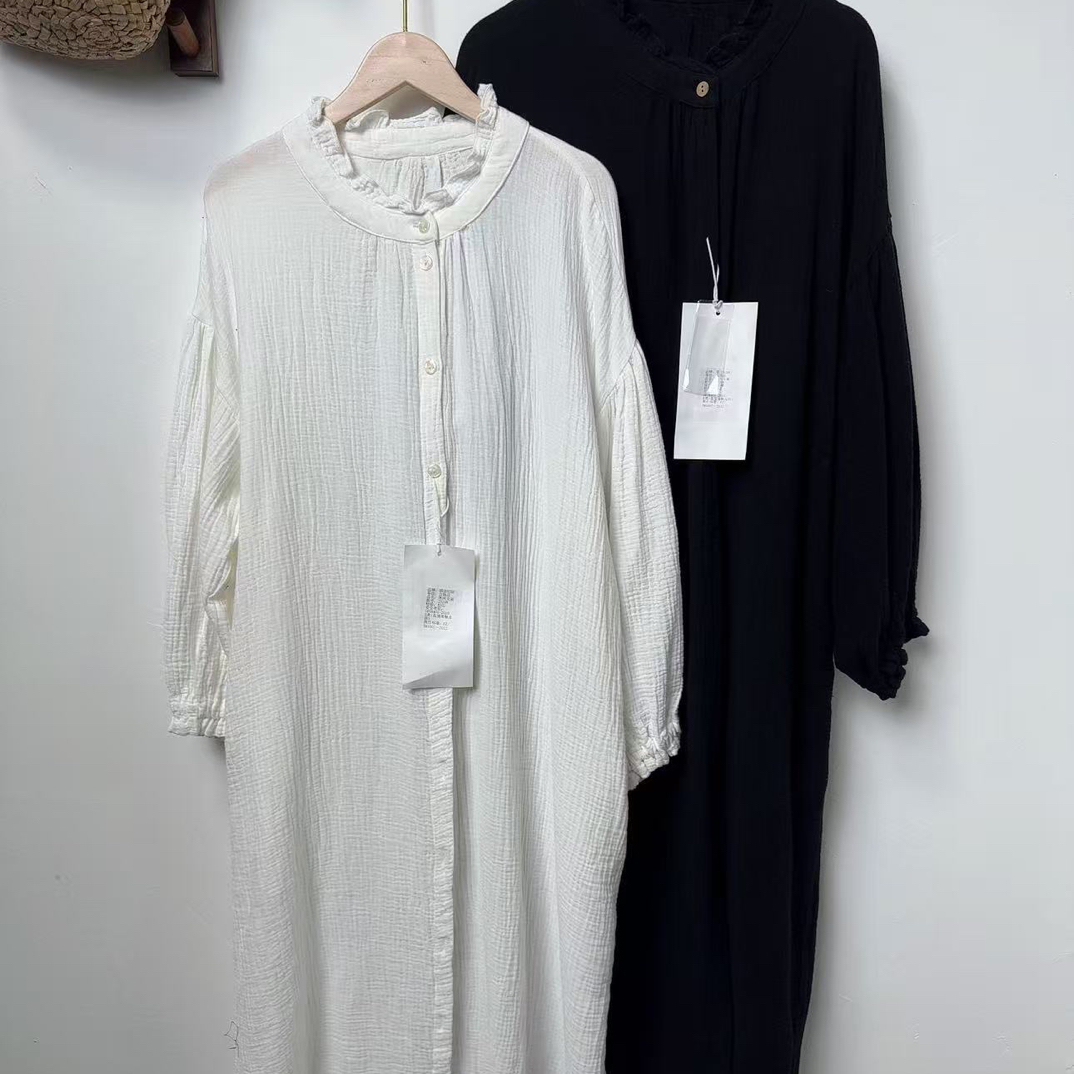 日系 宝宝棉文艺风纯色圆领长袖宽松显瘦打底连衣裙胸122长112