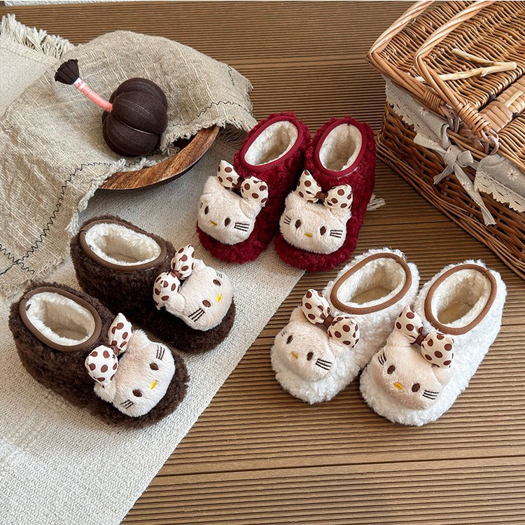 禾禾家【猫猫桶】儿童加绒一脚蹬毛毛短靴女童新年卡通软底公主棉鞋