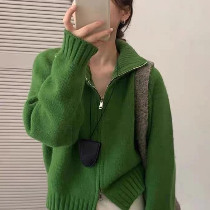双拉链立领针织开衫女秋冬新款韩系慵懒风宽松短款百搭毛衣外套