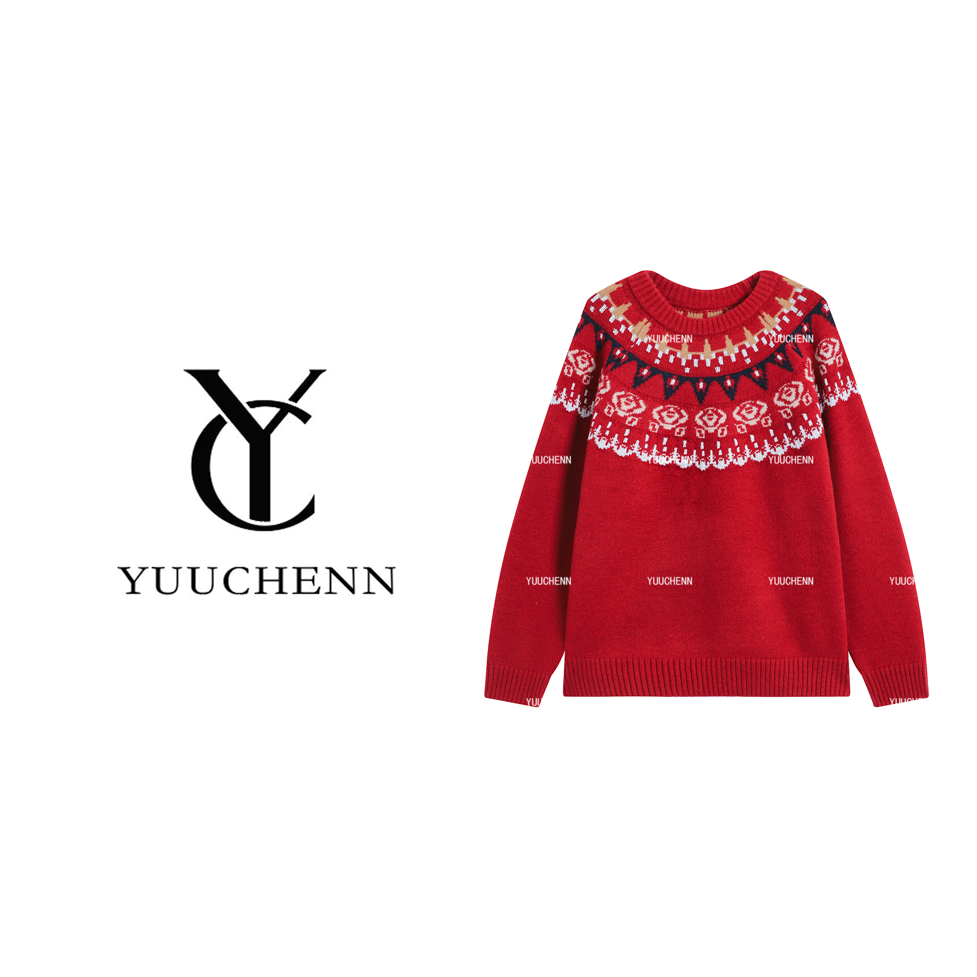 YUUCHENN“新年费尔岛”秋冬款圆领毛衣宽松25C-W80337