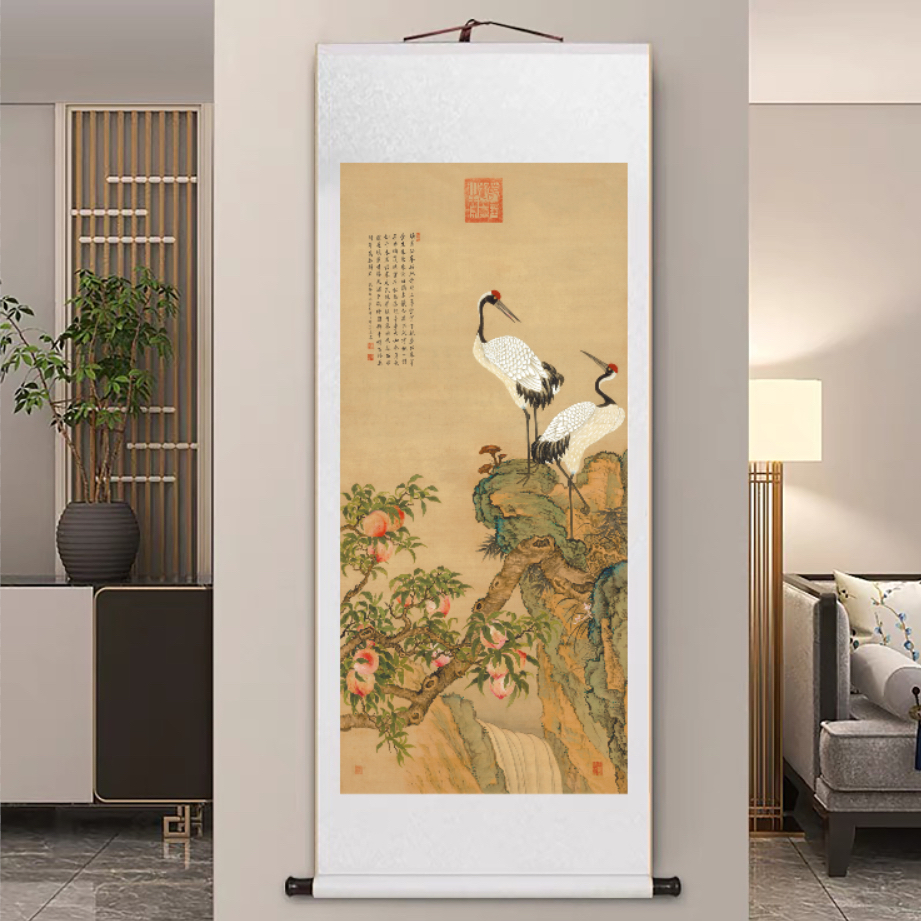 【现代高清微喷装饰画】蟠桃双鹤（宽62，高160）