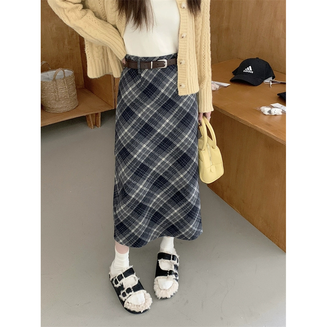 【2034】胖mm女装毛呢半身裙女2025秋秋包臀格纹中长款a字裙