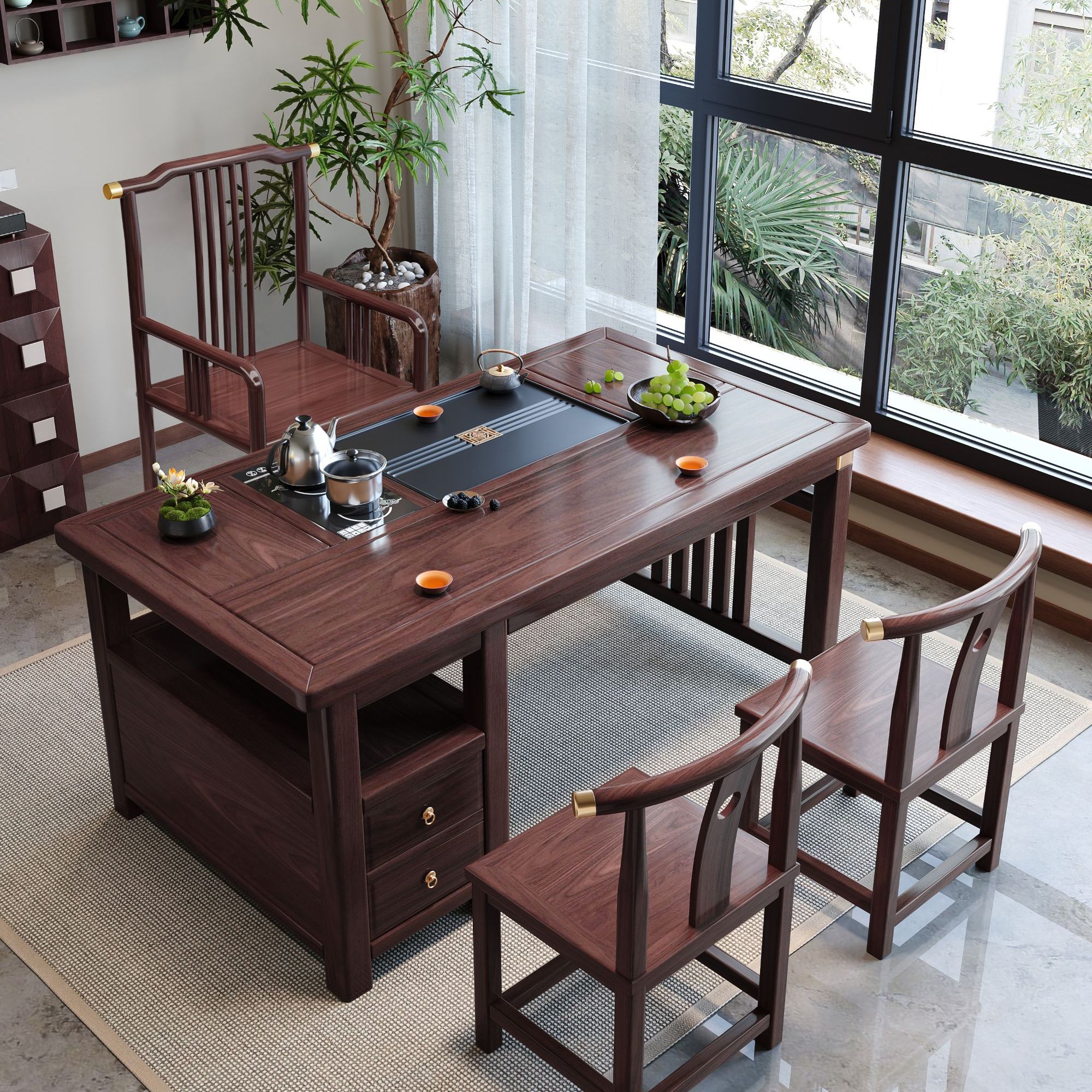 1.2米玲珑茶桌 紫檀色+1长梳椅 发河北