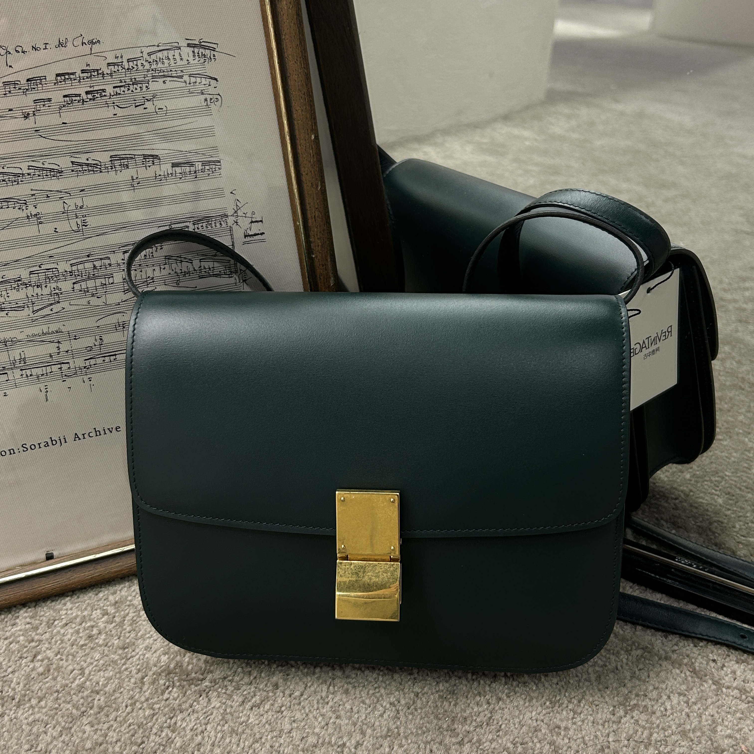 95新 Celine/思琳 墨绿色classic box豆腐包斜挎包