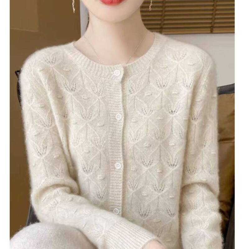 2025新款100%纯羊毛鼓包镂空女开衫DM281